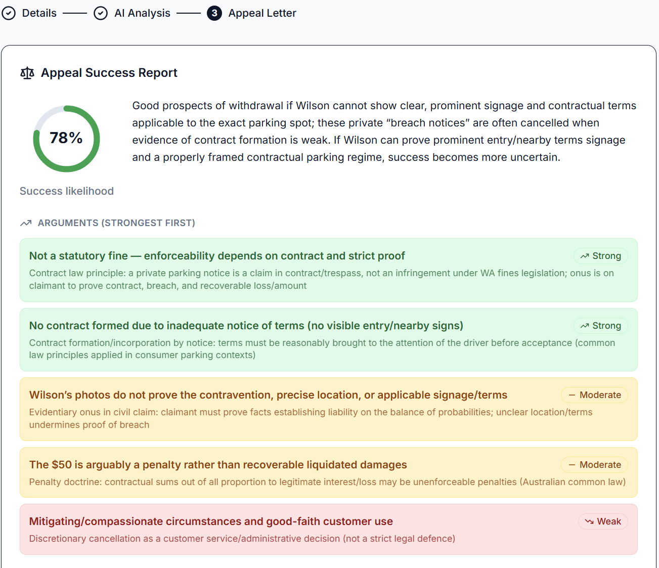 Sample Fine Dodger appeal success likelihood score page