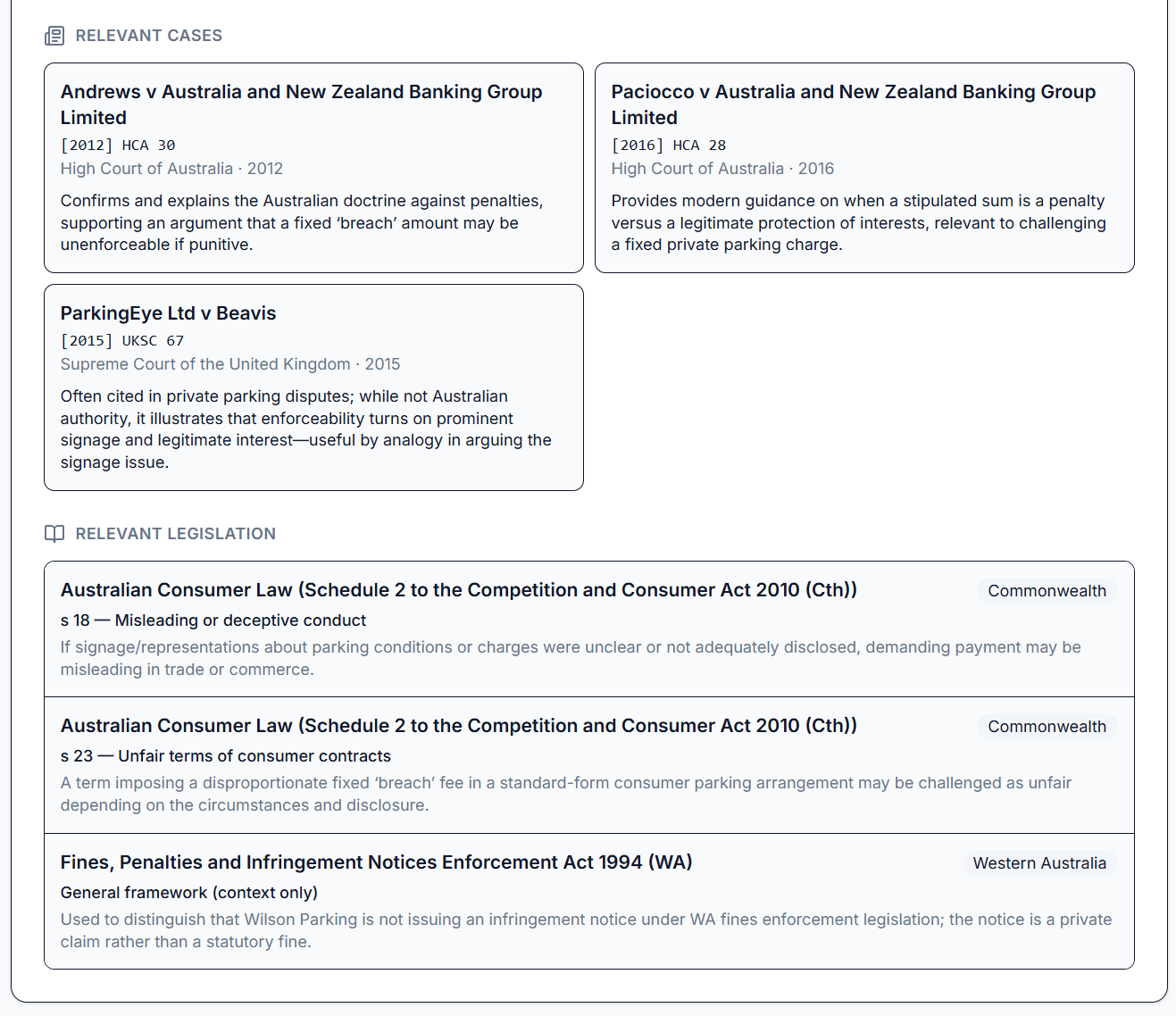 Sample legal arguments page from a Fine Dodger appeal report