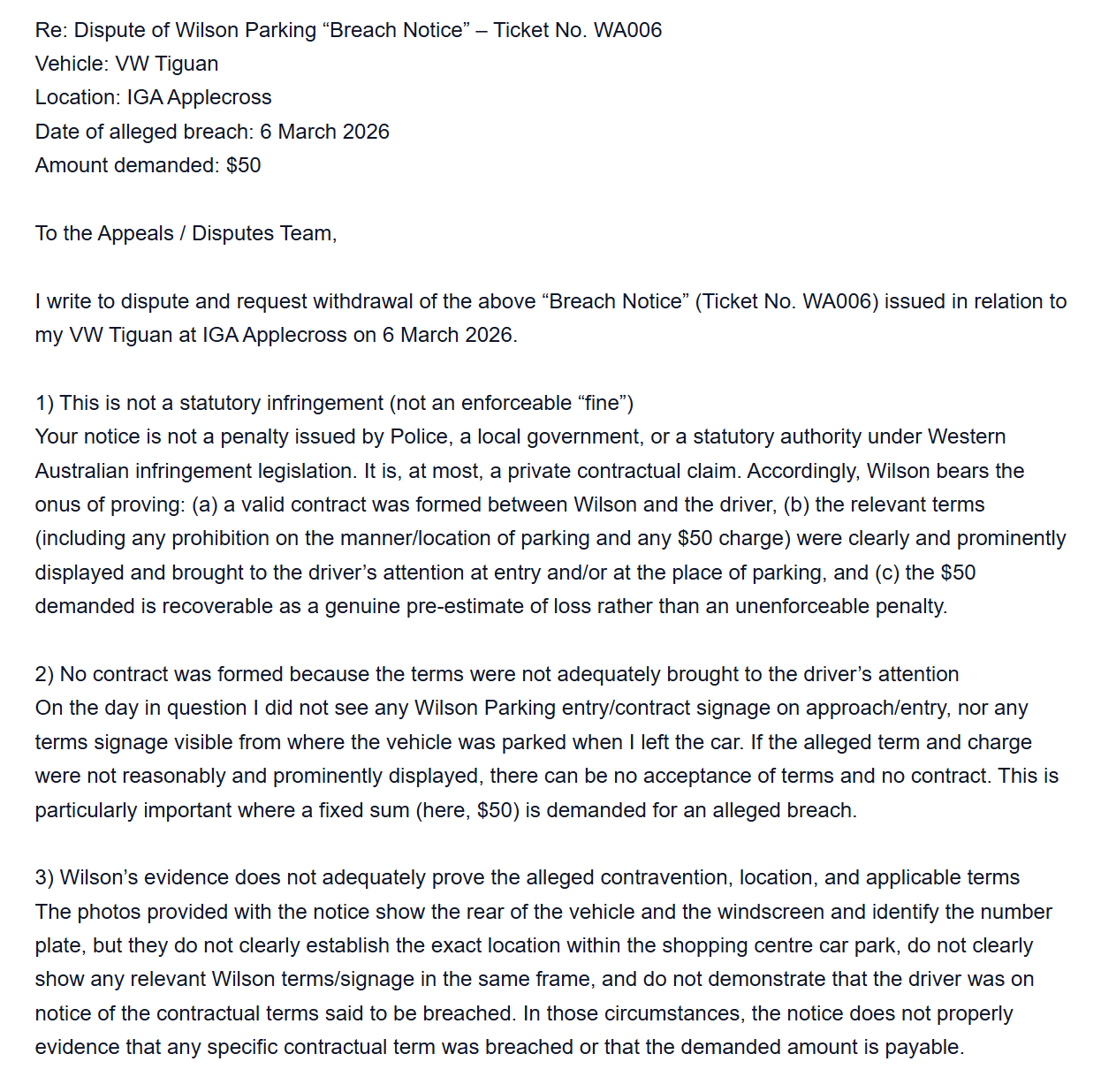 Sample appeal letter drafted by Fine Dodger for an Australian infringement